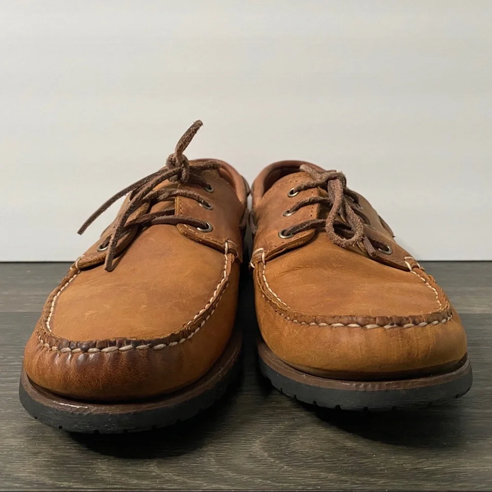 Quoddy Moccasin Boat Shoes Brown Leather Loafers Mens Size 12 Vibram Soles Tread - Picture 4 of 11